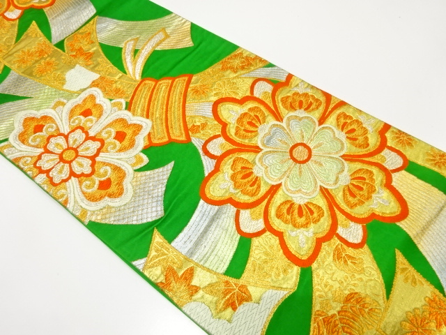 JAPANESE KIMONO / ANTIQUE FUKURO OBI / SILK / WOVEN FLORAL CREST